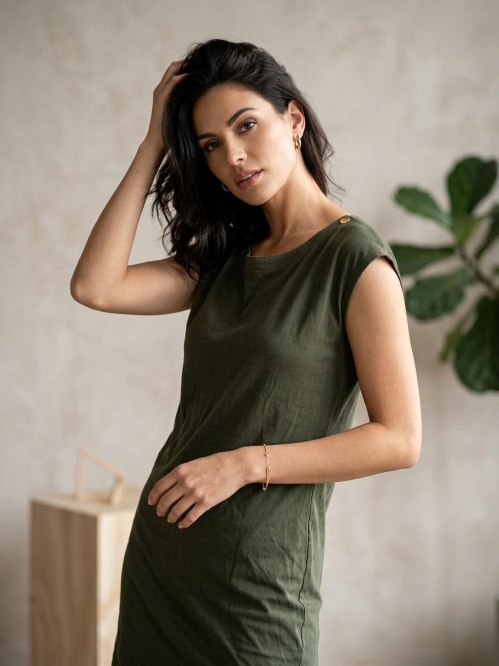 Sleeveless Olive Green Shift Dress with Button Detail